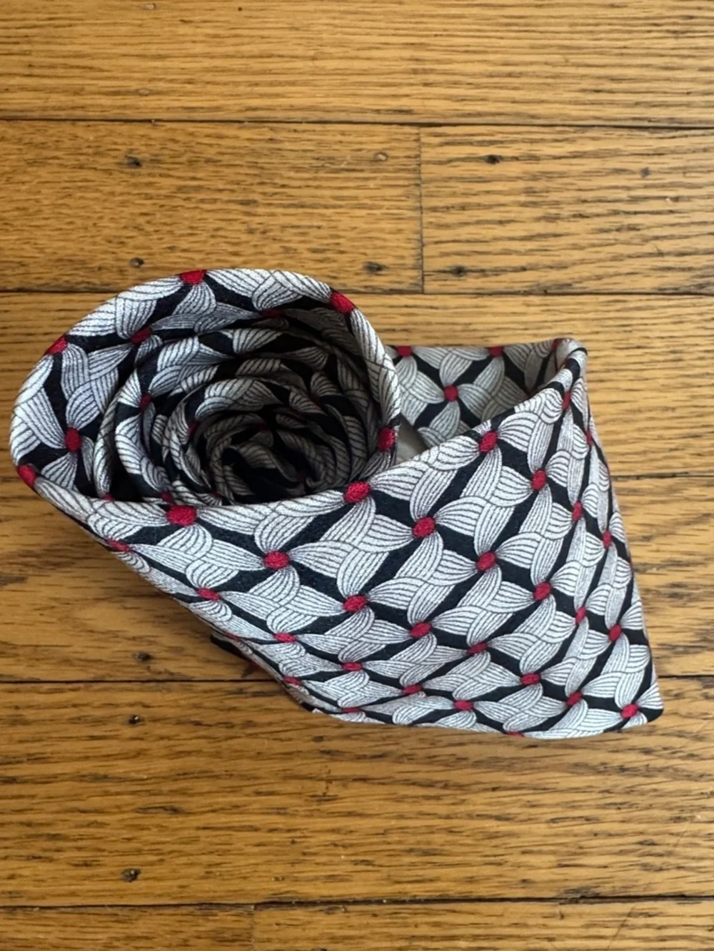 Bally Geometric Silk Tie in Black, White & Red Dot Accents